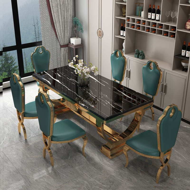 Traditional Luxury Marble Dining Table Rectangle Table with Metal Base in Gold