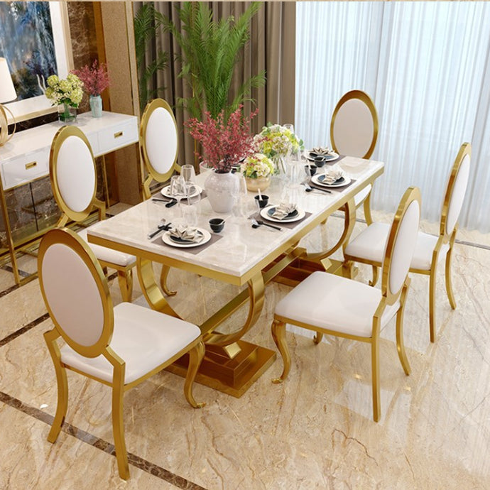 Traditional Luxury Marble Dining Table Rectangle Table with Metal Base in Gold
