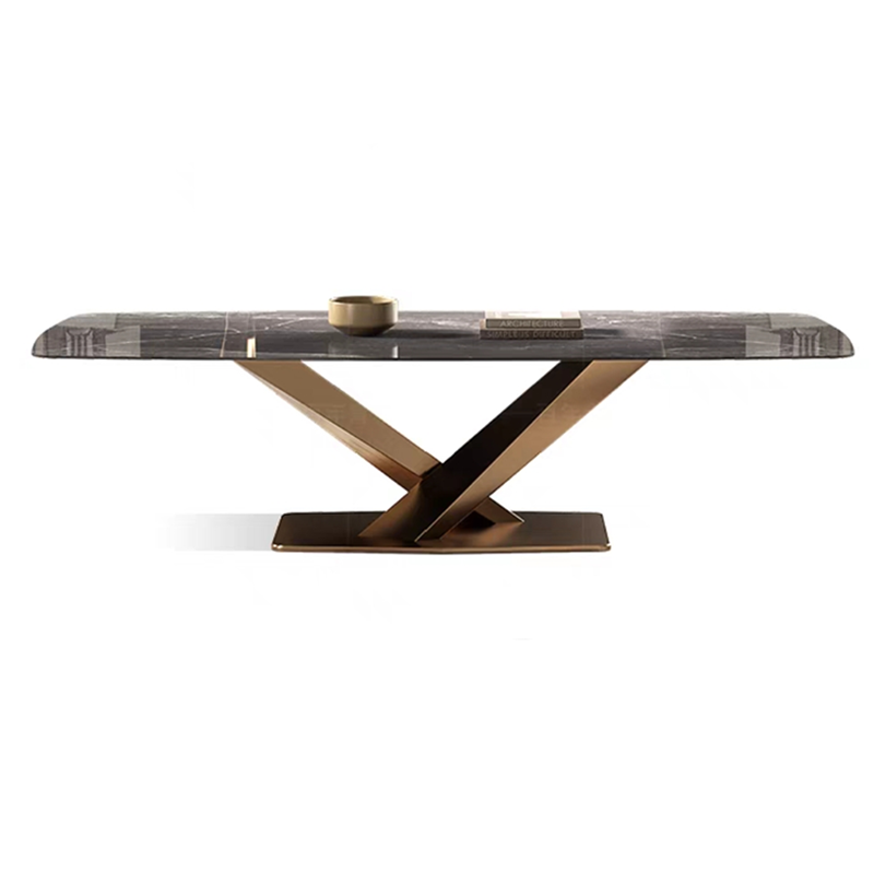 Metal Traditional Luxury Rectangle Table Sintered Stone Dining Table with Pedestal Base