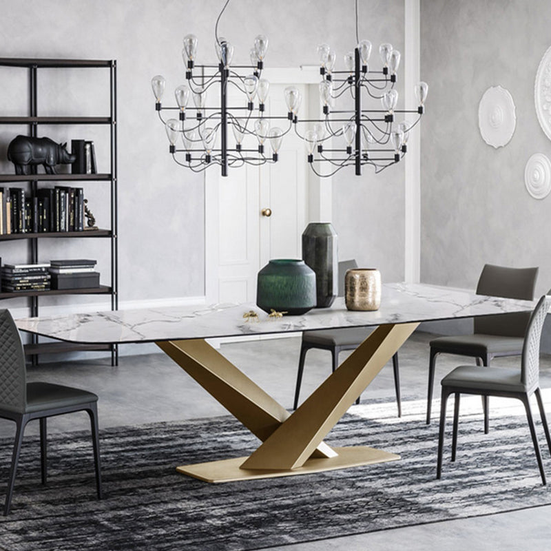 Metal Traditional Luxury Rectangle Table Sintered Stone Dining Table with Pedestal Base