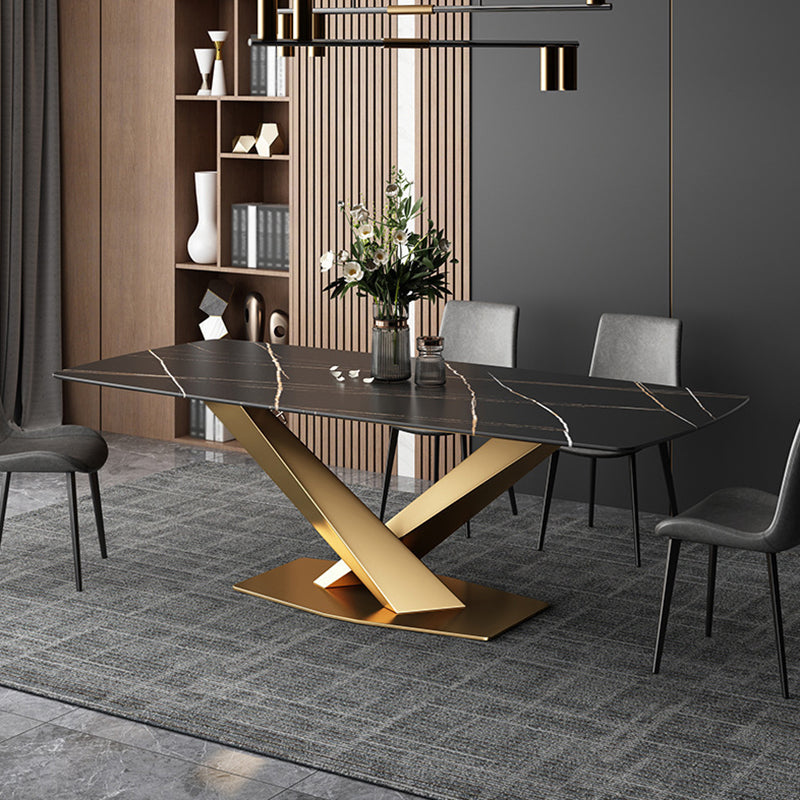 Metal Traditional Luxury Rectangle Table Sintered Stone Dining Table with Pedestal Base