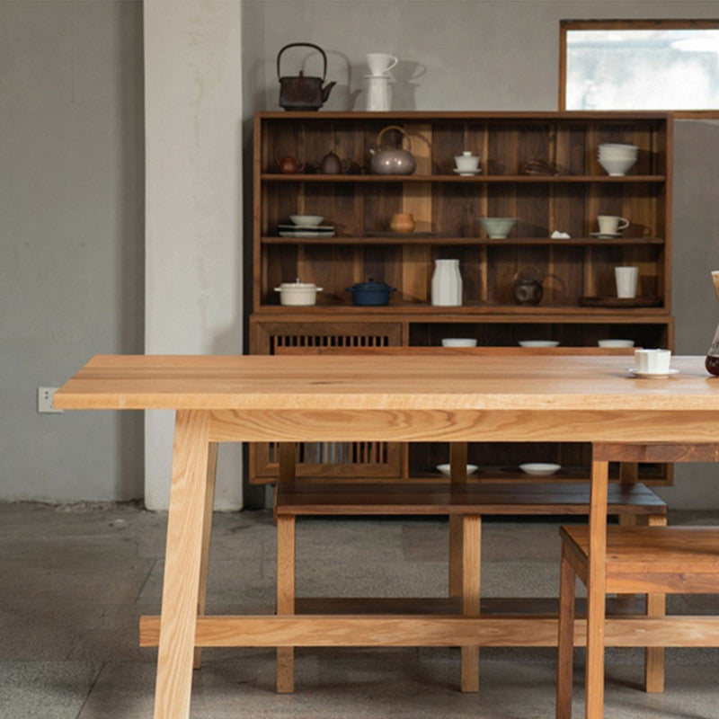 Mesa de comedor moderna con base de caballete rectangular, mesa fija de madera maciza