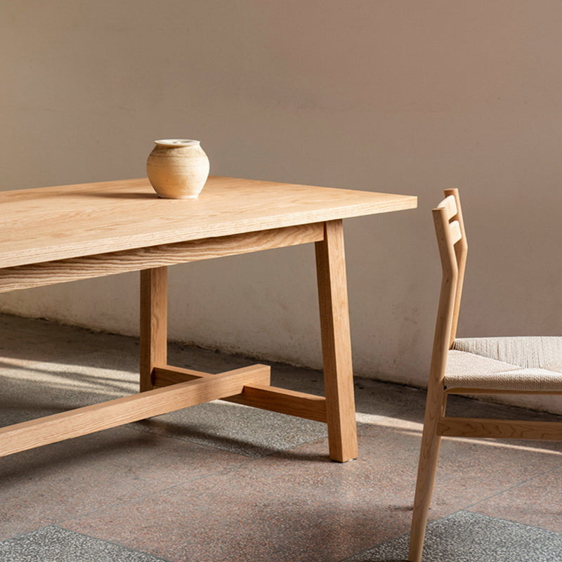 Mesa de comedor moderna con base de caballete rectangular, mesa fija de madera maciza