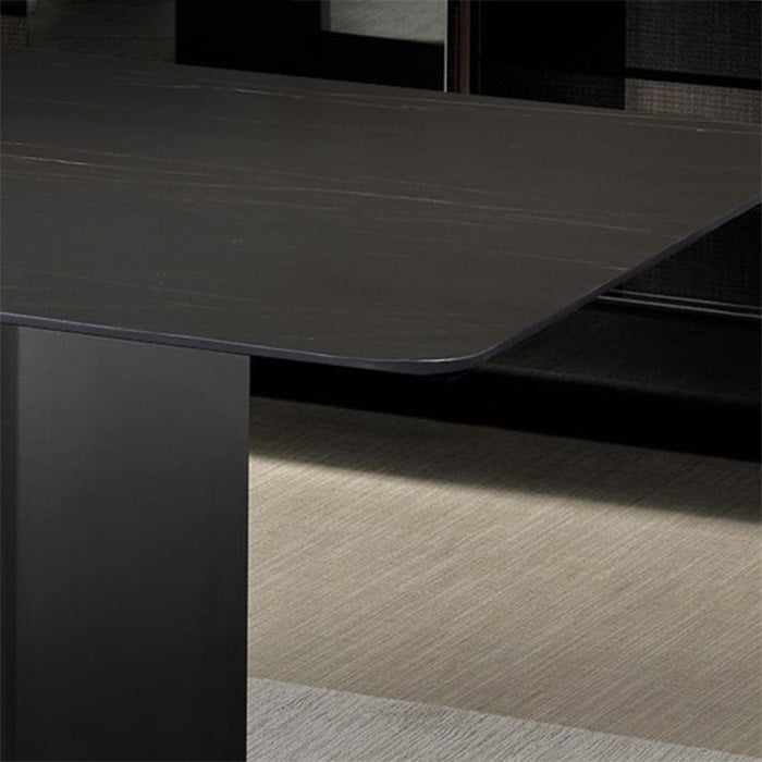 Sintered Stone Top Dining Table Industrial Kitchen Table with Black Metal Pedestal
