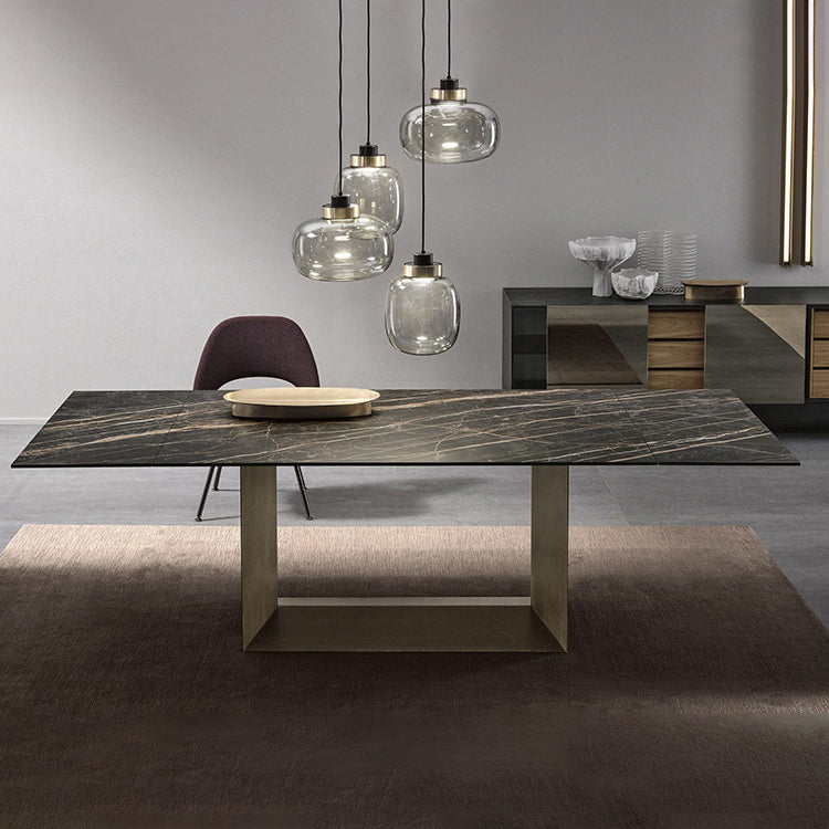 Sintered Stone Top Dining Table Industrial Kitchen Table with Black Metal Pedestal