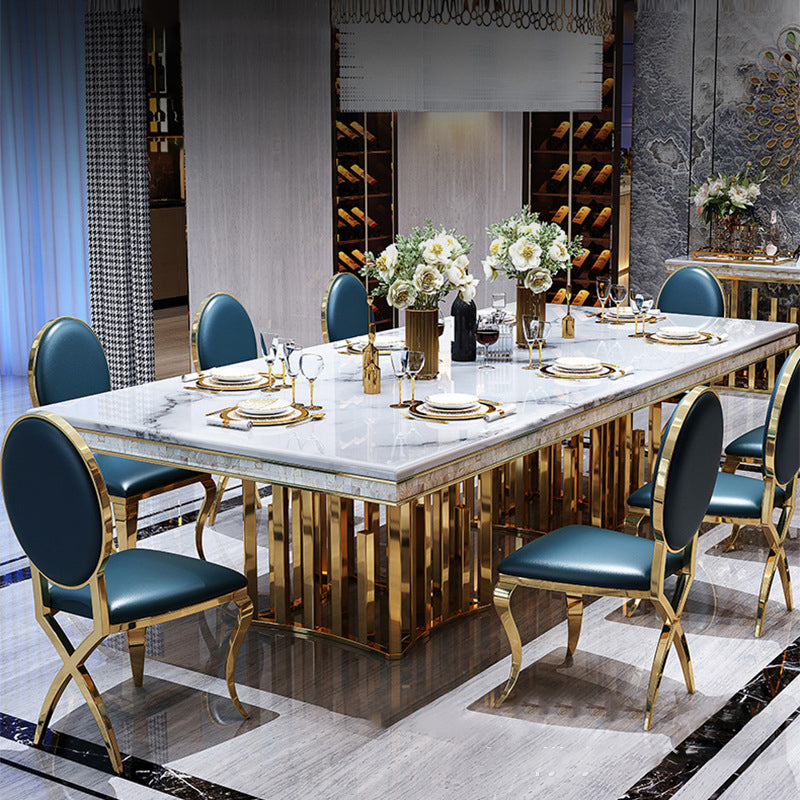 Traditional Luxury Marble Dining Table Rectangle Table with Metal Double Pedestal in Gold