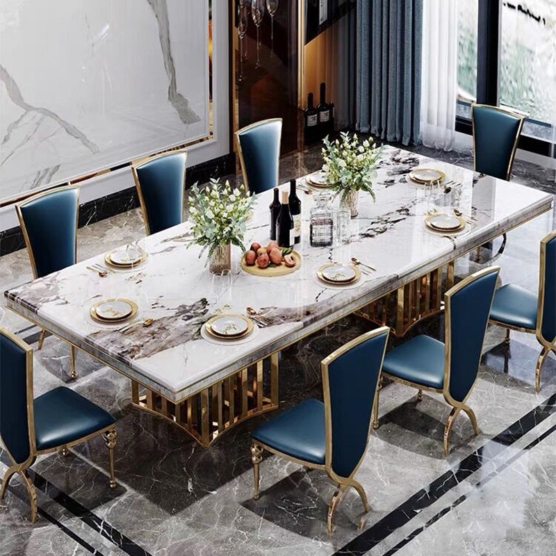 Traditional Luxury Marble Dining Table Rectangle Table with Metal Double Pedestal in Gold