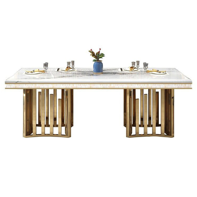 Traditional Luxury Marble Dining Table Rectangle Table with Metal Double Pedestal in Gold