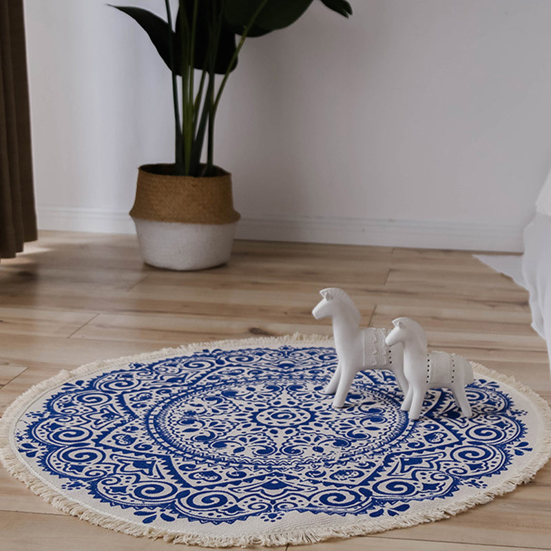 Round Tribal Print Carpet Cotton Persian Indoor Rug Non-Slip Backing Area Rug for Living Room