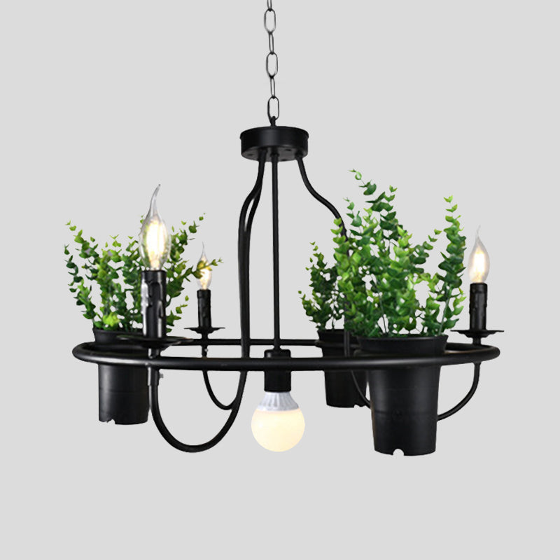 Candle Metal Chandelier Light Industrial 4/7 Bulbs Restaurant LED Hanging Lamp in Black with Plant