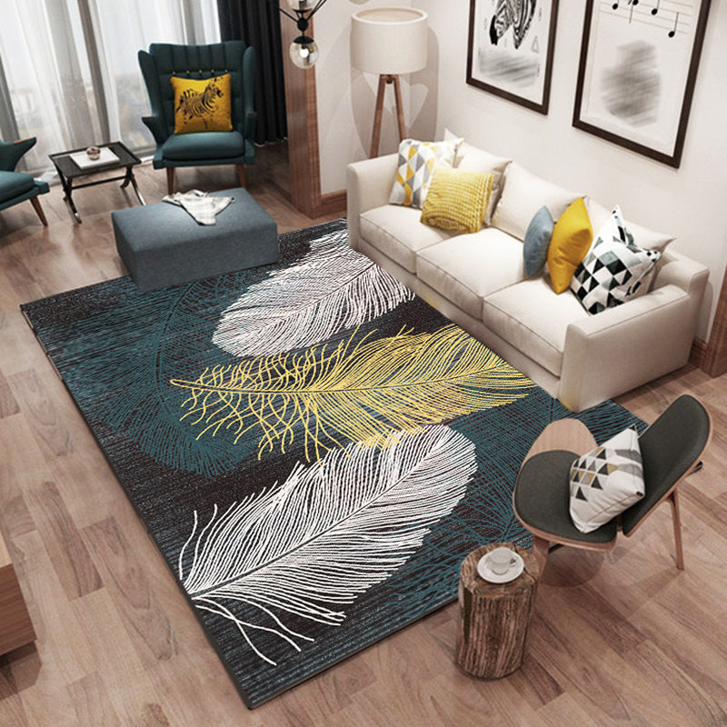 Modern Living Room Area Rug Plant Pattern Polyester Area Carpet Stain Resistant Rug