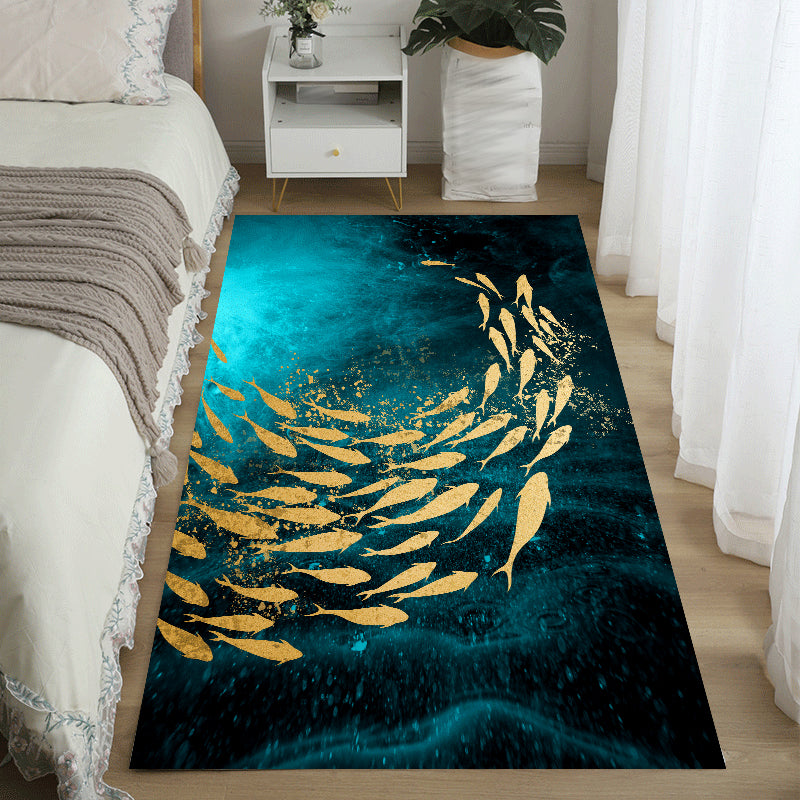 Blue Modern Area Rug Animals Pattern Polyester Area Carpet Stain Resistant Rug for Bedroom