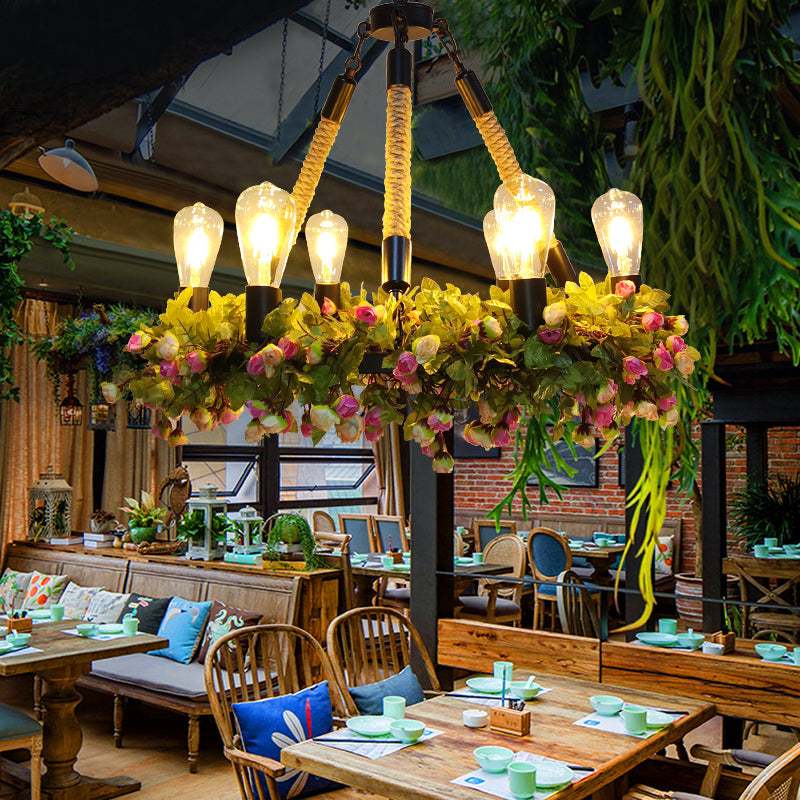 Chandelier de plafond exposé industriel 6 ampoules LED Metal LEGLAT DIMINATION DU NOIR AVEC ROSE