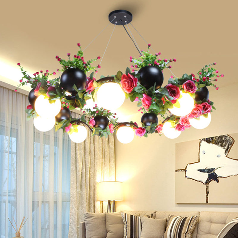 Sphere Metal Ceiling Lamp Industrial 8 Bulbs Living Room Chandelier Light in Black with Flower Decoration