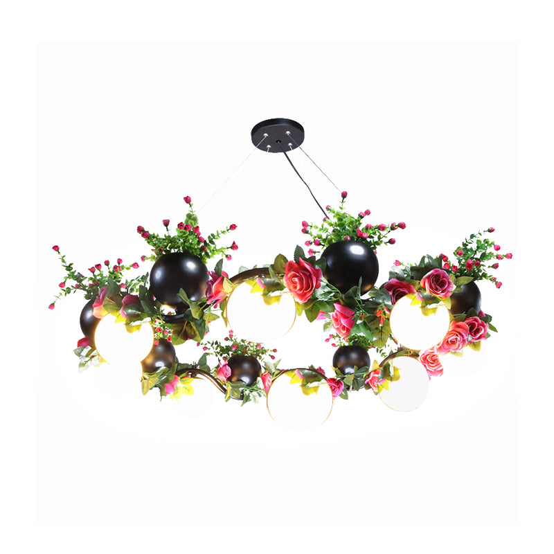 Sphere Metal Ceiling Lamp Industrial 8 Bulbs Living Room Chandelier Light in Black with Flower Decoration