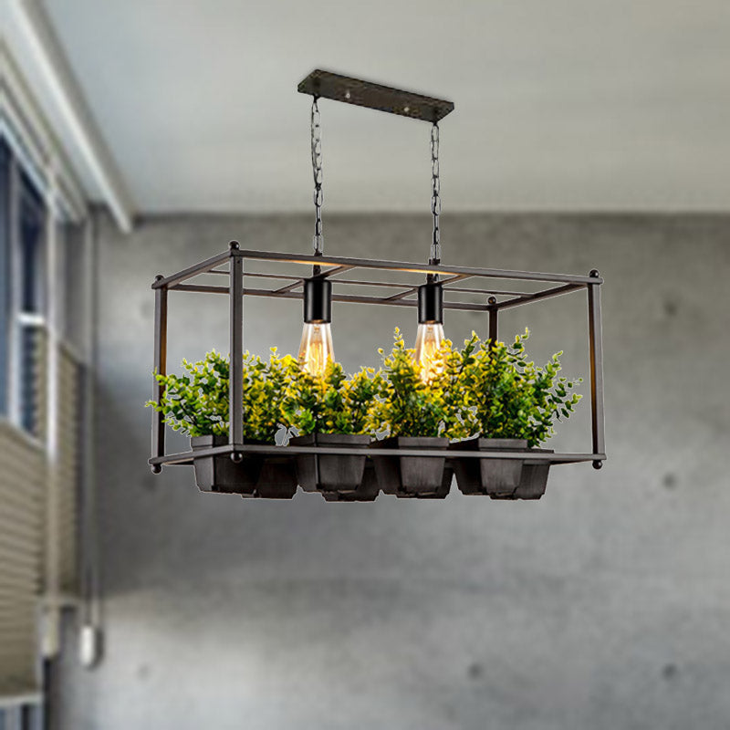 Black 2 Heads Island Lamp Industrial Metal Rectangular LED Plant Hanging Ceiling Light for Restaurant