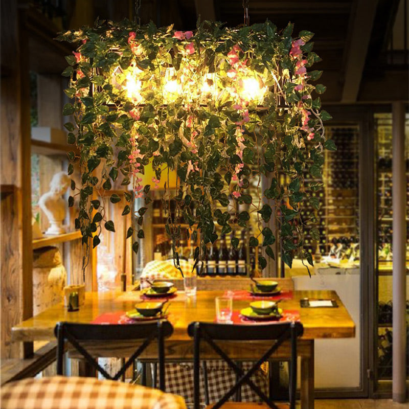 Rectangle Restaurant Island Ceiling Light Retro Metal 4 Heads Black LED Drop Lamp with Plant Decor