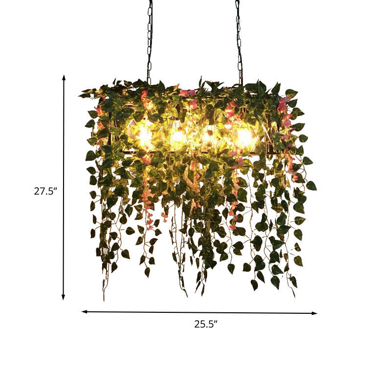 Rectangle Restaurant Island Ceiling Light Retro Metal 4 Heads Black LED Drop Lamp with Plant Decor