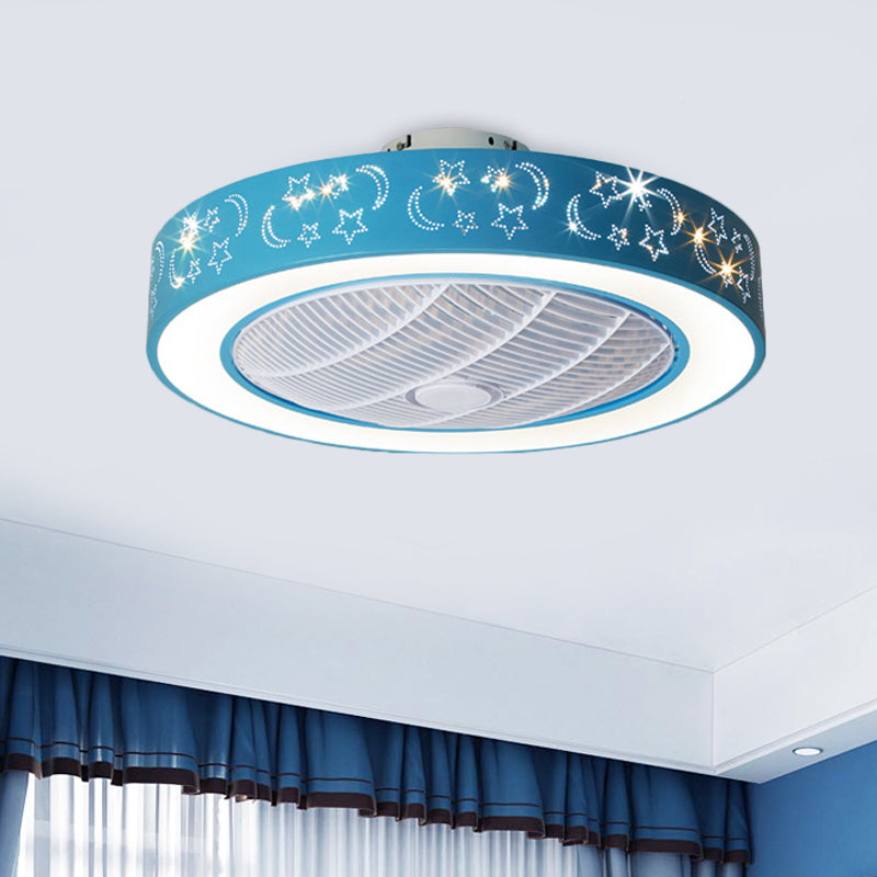 Ligera de ventilador de tambor LED de 20.5 "W Lámpara de flushia acrílica contemporánea de color rosa/azul con patrón de luna y estrella, 7 cuchillas