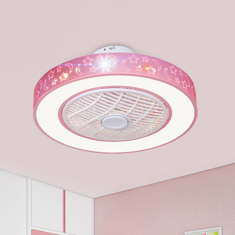 20.5" W LED Drum Pendant Fan Lighting Contemporary Pink/Blue Finish Acrylic Semi Flush Lamp with Moon and Star Pattern, 7 Blades