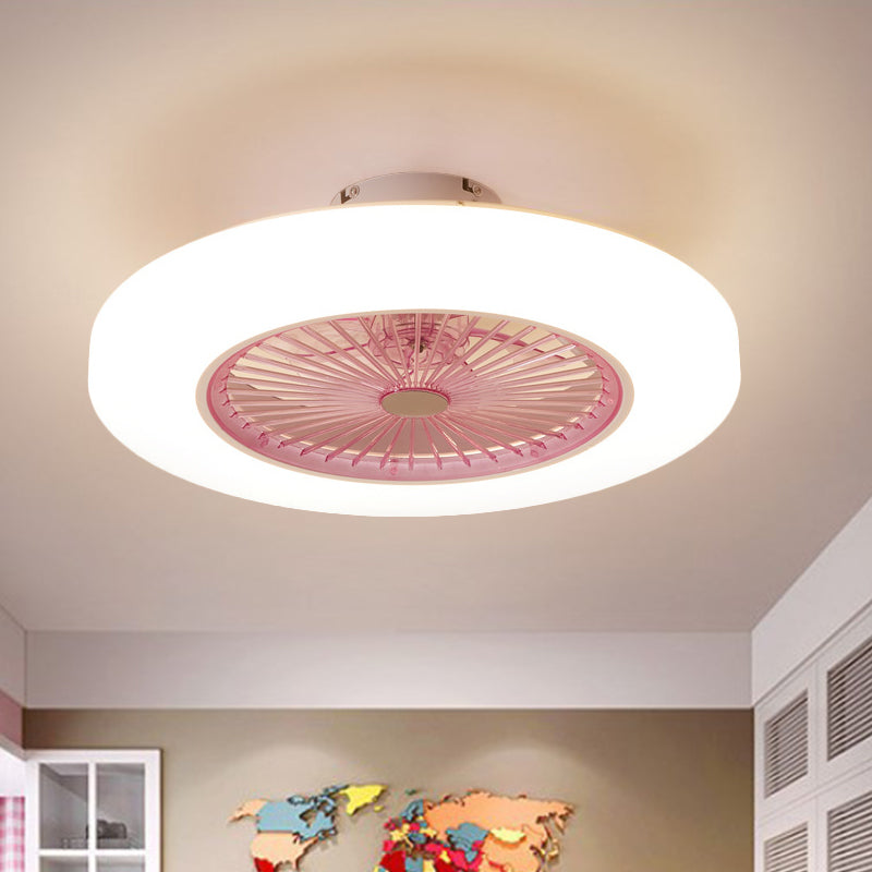 Acrylic Doughnut Ceiling Fan Light Simple Living Room LED Semi Flush Mounted Lamp Fixture in White/Pink/Yellow, 21" Wide