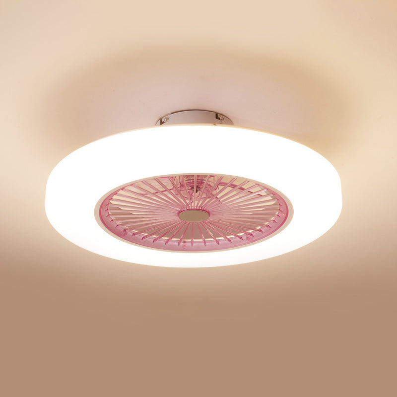 Acrylic Doughnut Ceiling Fan Light Simple Living Room LED Semi Flush Mounted Lamp Fixture in White/Pink/Yellow, 21" Wide