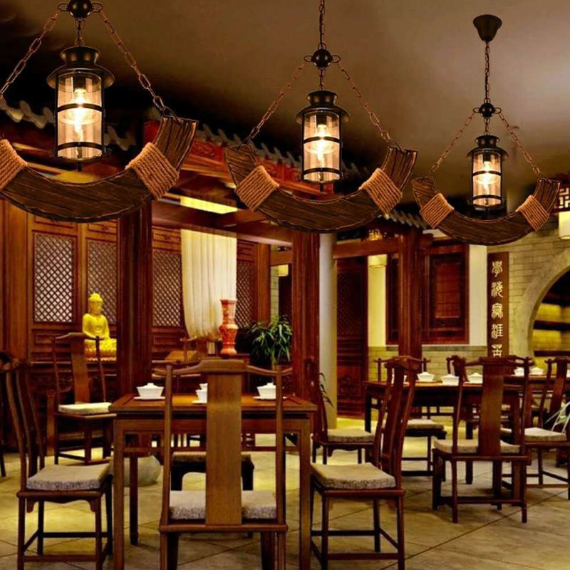 Nautical Style Hanging Light Kerosene Lamp Shaped 1 Head Wood Pendant Lamp for Hallway