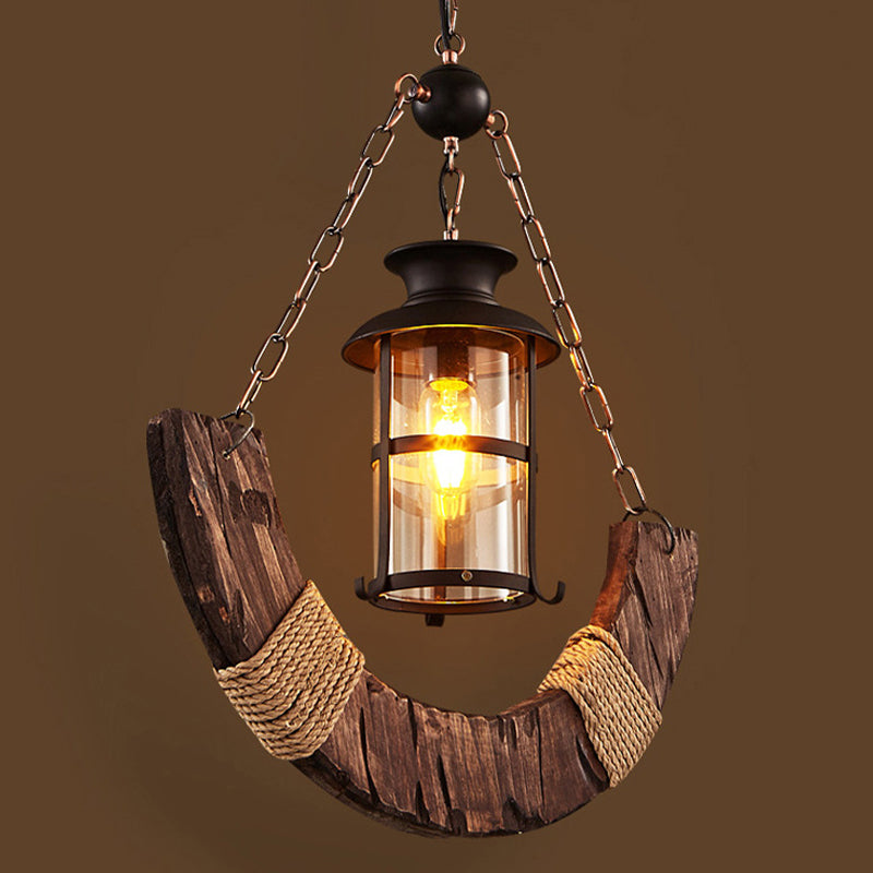 Nautical Style Hanging Light Kerosene Lamp Shaped 1 Head Wood Pendant Lamp for Hallway