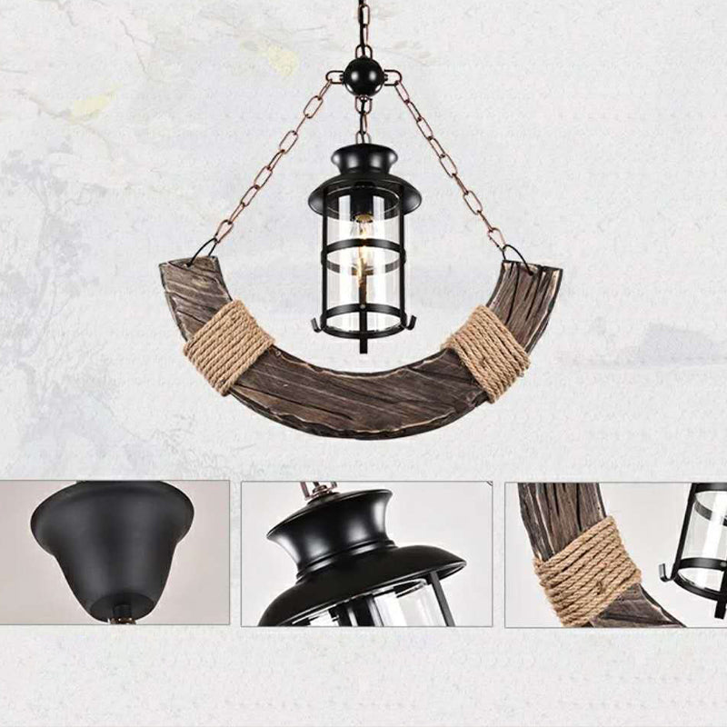 Nautical Style Hanging Light Kerosene Lamp Shaped 1 Head Wood Pendant Lamp for Hallway