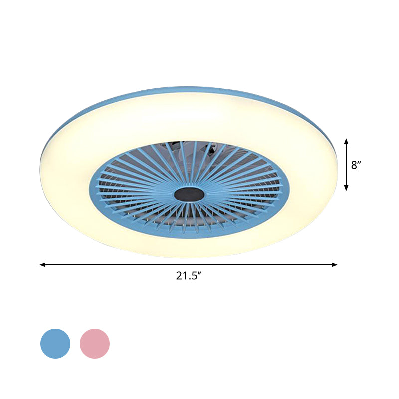 Pink/Blue LED Semi Flush Mount Light Fixture Modern Acrylic Circle 5 Blades Hanging Fan Lamp for Bedroom, 21.5" Wide
