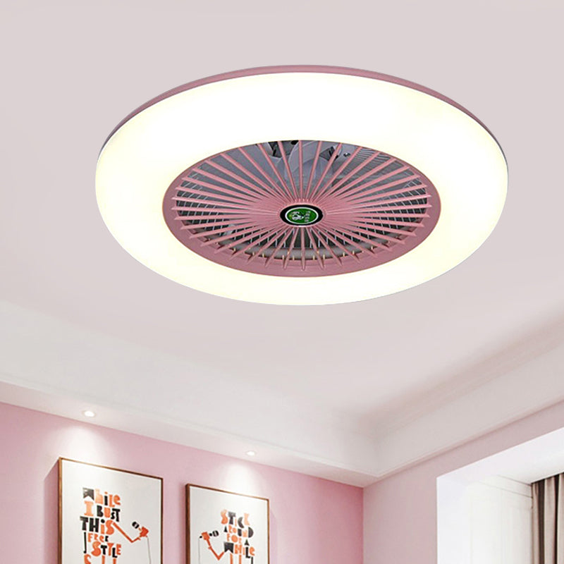 Pink/Blue LED Semi Flush Mount Light Fixture Modern Acrylic Circle 5 Blades Hanging Fan Lamp for Bedroom, 21.5" Wide
