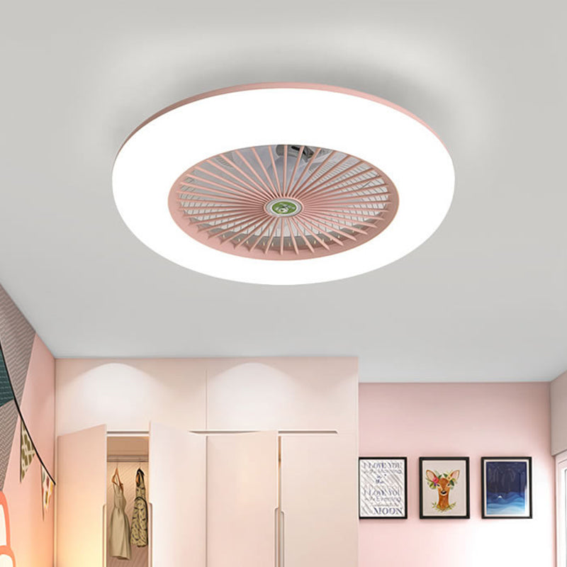 Pink/Blue LED Semi Flush Mount Light Fixture Modern Acrylic Circle 5 Blades Hanging Fan Lamp for Bedroom, 21.5" Wide