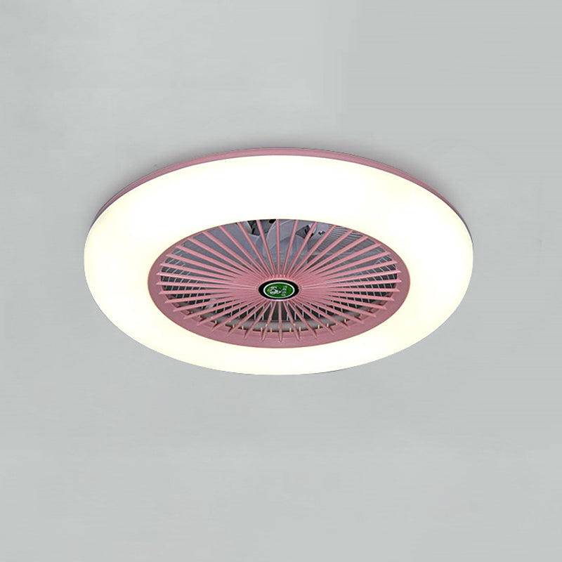 Pink/Blue LED Semi Flush Mount Light Fixture Modern Acrylic Circle 5 Blades Hanging Fan Lamp for Bedroom, 21.5" Wide