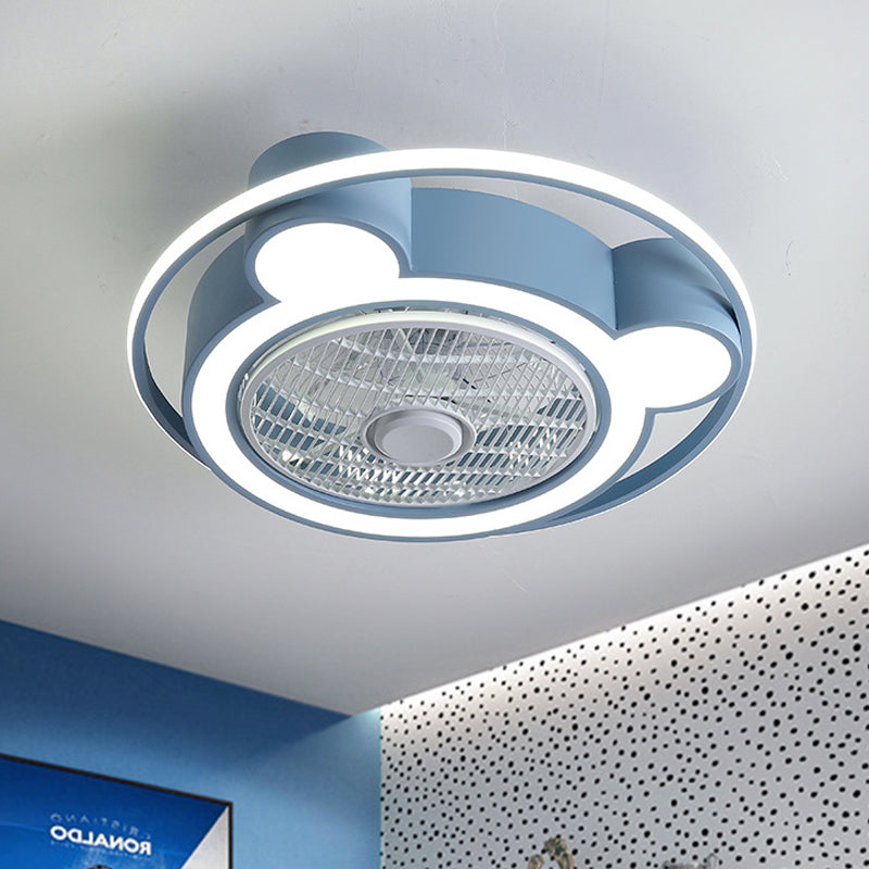 Modernism Bear Head Pendant Fan Lamp 21.5" Wide LED Acrylic Semi Flush Mounted Light in Pink/Blue with Ring