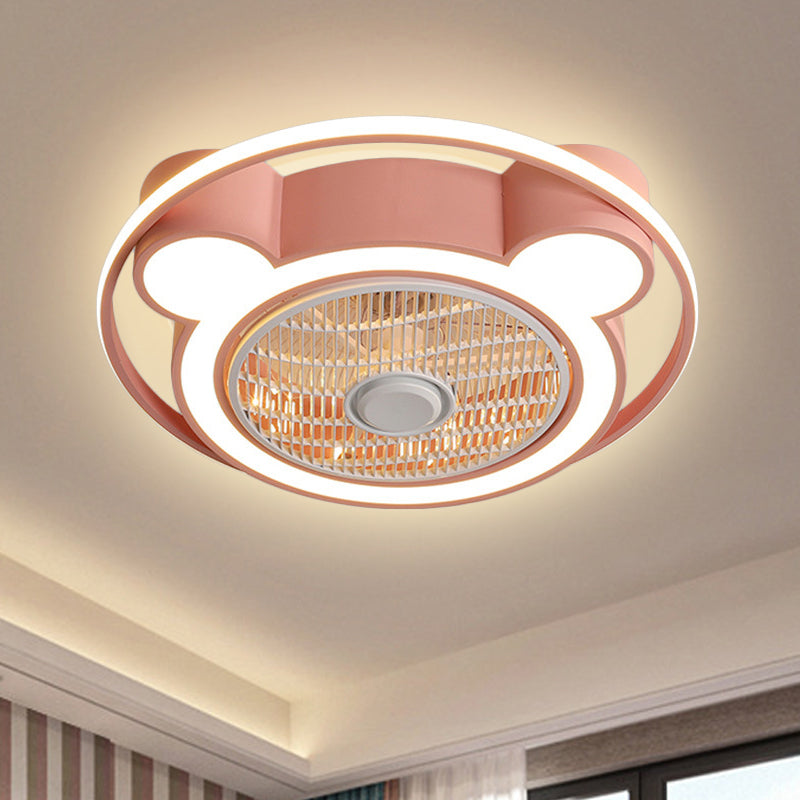 Modernism Bear Head Pendant Fan Lamp 21.5" Wide LED Acrylic Semi Flush Mounted Light in Pink/Blue with Ring