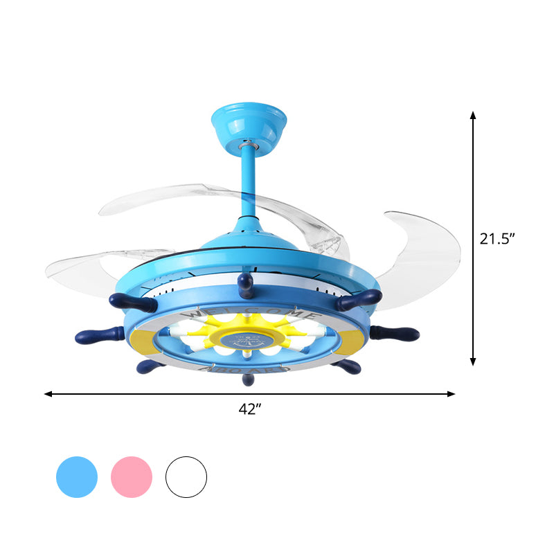 Roer slaapkamer semi -spoel gemonteerd licht kinderen acryl roze/blauw/witte led hangende plafondventilator lamp met 4 heldere messen, 42 "w