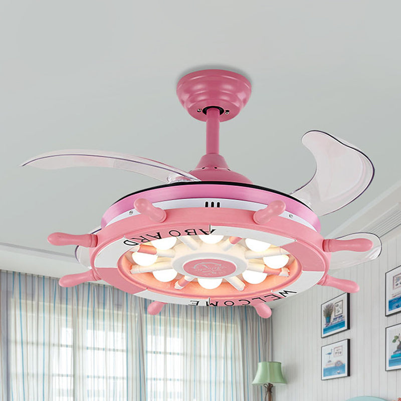 Roer slaapkamer semi -spoel gemonteerd licht kinderen acryl roze/blauw/witte led hangende plafondventilator lamp met 4 heldere messen, 42 "w