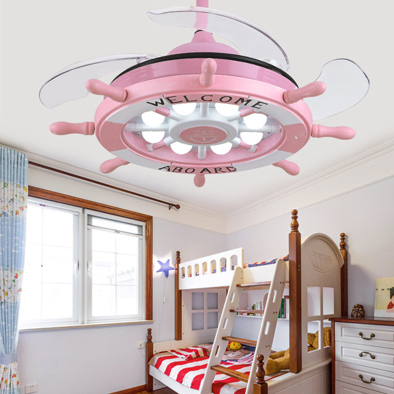 Roer slaapkamer semi -spoel gemonteerd licht kinderen acryl roze/blauw/witte led hangende plafondventilator lamp met 4 heldere messen, 42 "w