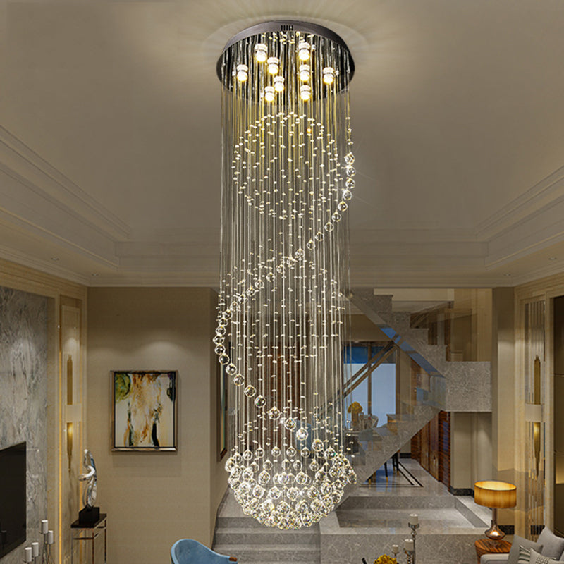 Black Orbs and Rods Cluster Pendant Modern Clear Crystal 9-Bulb Stair LED Ceiling Hang Fixture