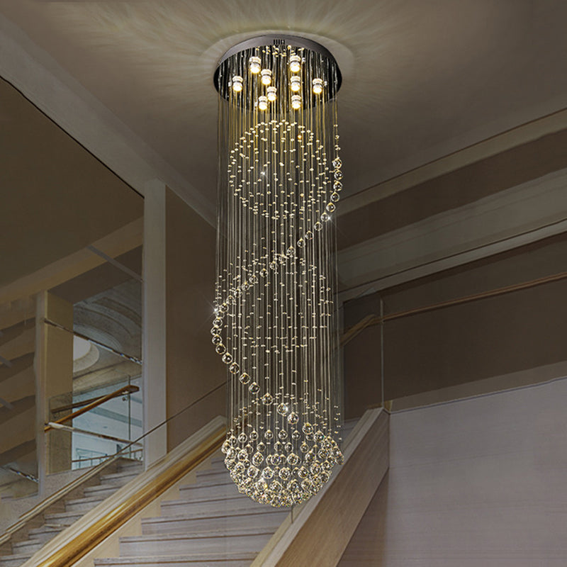 Black Orbs and Rods Cluster Pendant Modern Clear Crystal 9-Bulb Stair LED Ceiling Hang Fixture