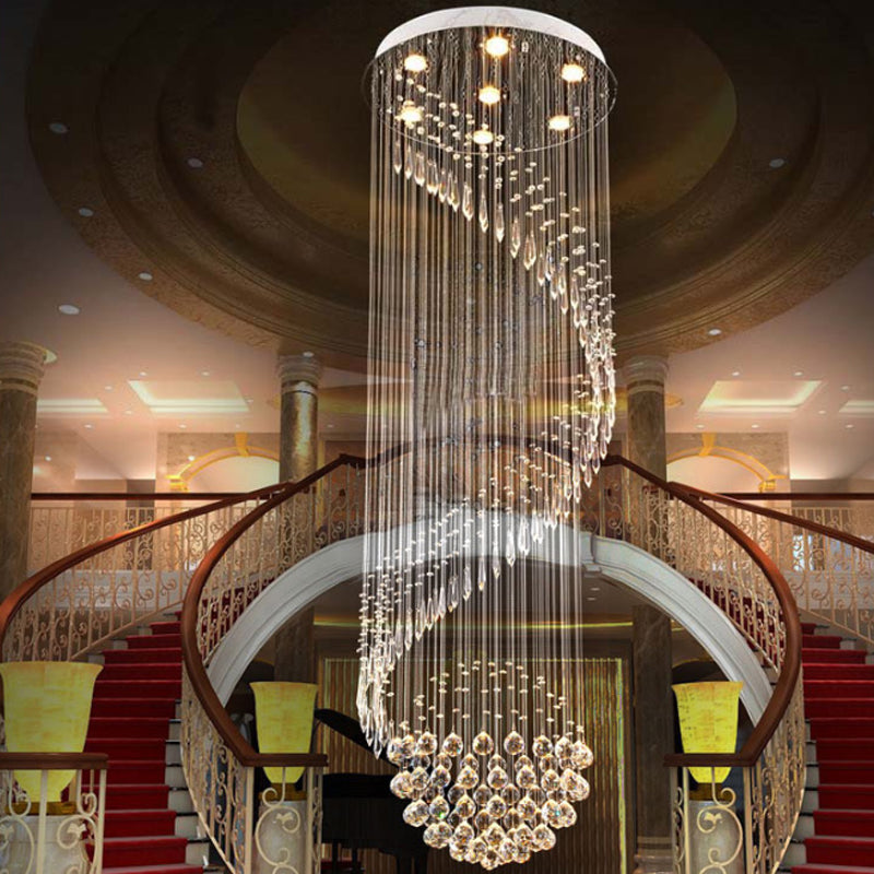 Spiral Stair Cluster Pendant Lamp Minimalist Clear Crystal 7-Light Silver LED Ceiling Light
