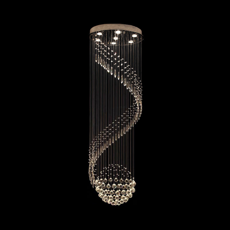 Spiral Stair Cluster Pendant Lamp Minimalist Clear Crystal 7-Light Silver LED Ceiling Light