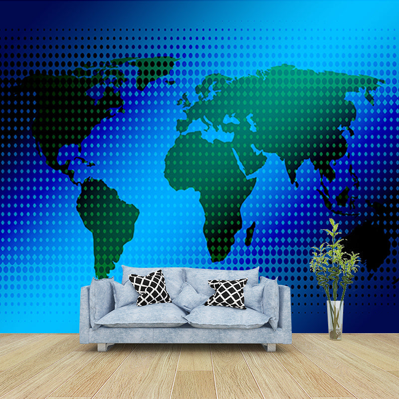 Blue Map Illustration Mural Contemporary Wall Decoration for Living Room