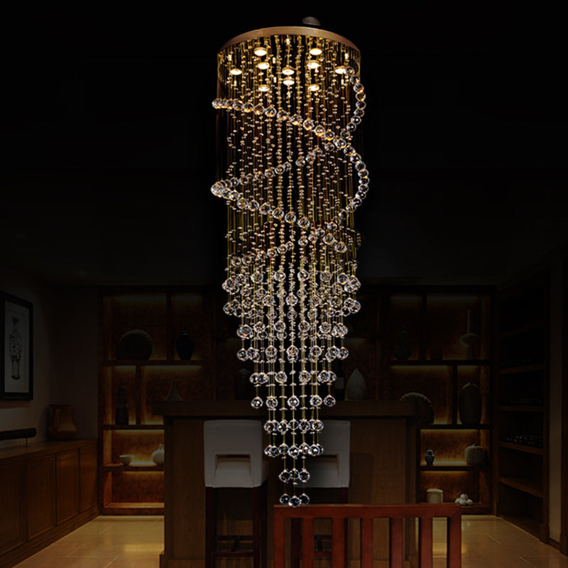 10-Head Spiral Cascades Hanging Lamp Modernism Brass Clear Crystal LED Multi Light Pendant