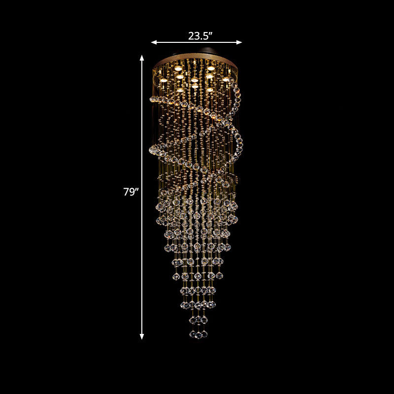10-Head Spiral Cascades Hanging Lamp Modernism Brass Clear Crystal LED Multi Light Pendant