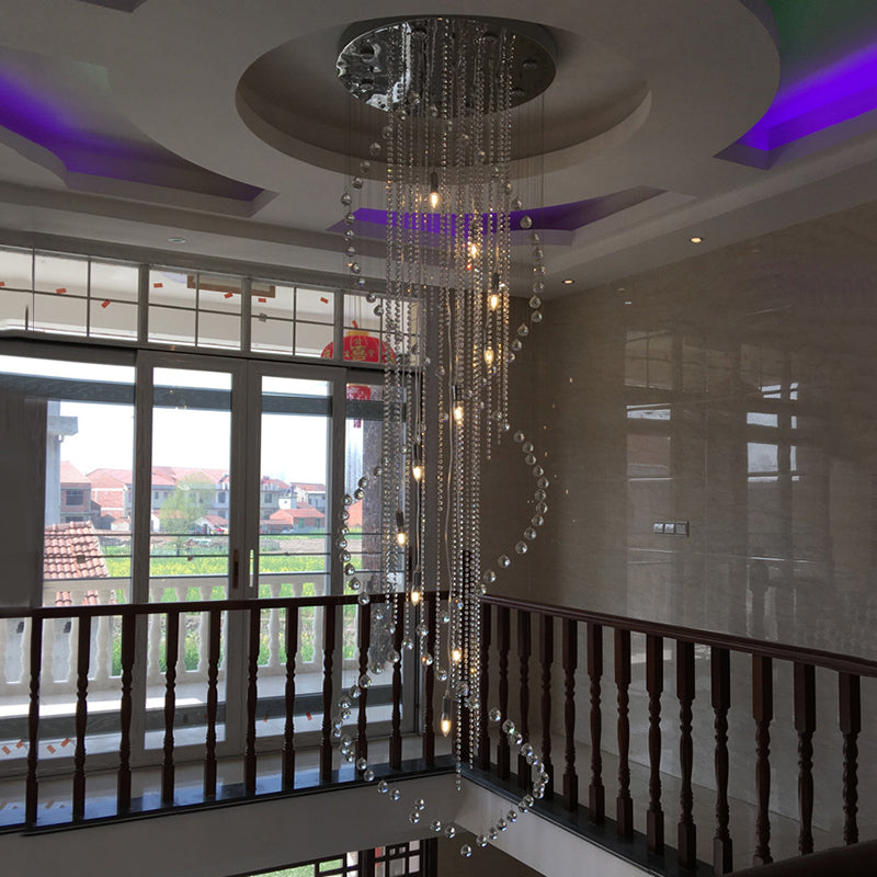 Cascading Stair Cluster Pendant Lamp Minimalist Crystal 19-Bulb Silver LED Suspension Light