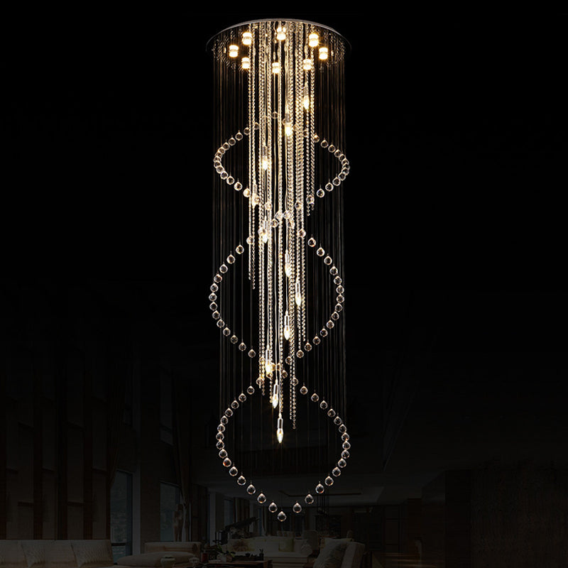 Cascading Stair Cluster Pendant Lamp Minimalist Crystal 19-Bulb Silver LED Suspension Light