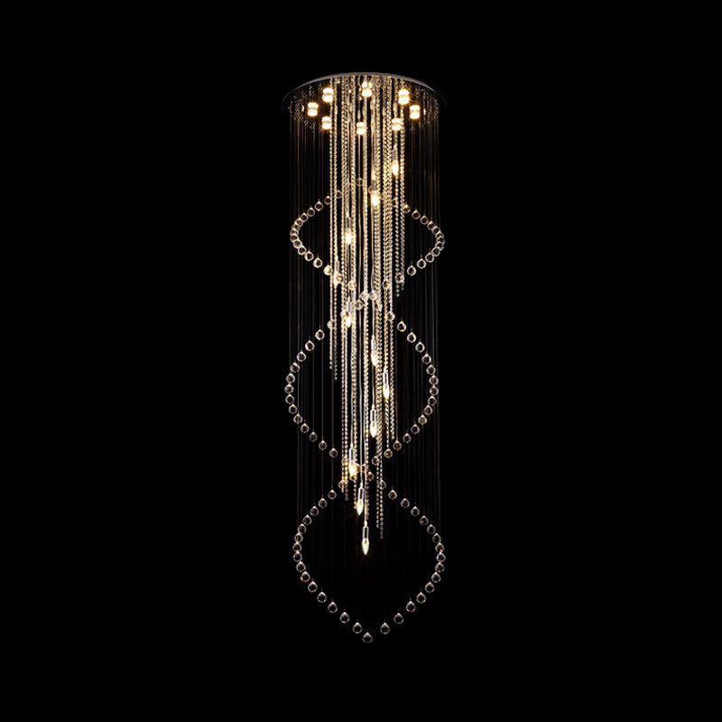 Cascading Stair Cluster Pendant Lamp Minimalist Crystal 19-Bulb Silver LED Suspension Light