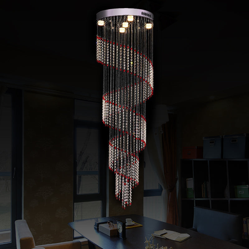 5 Bulbs Spiral Cascades Hanging Lamp Modernism Silver Clear and Red Crystal LED Multi Light Pendant