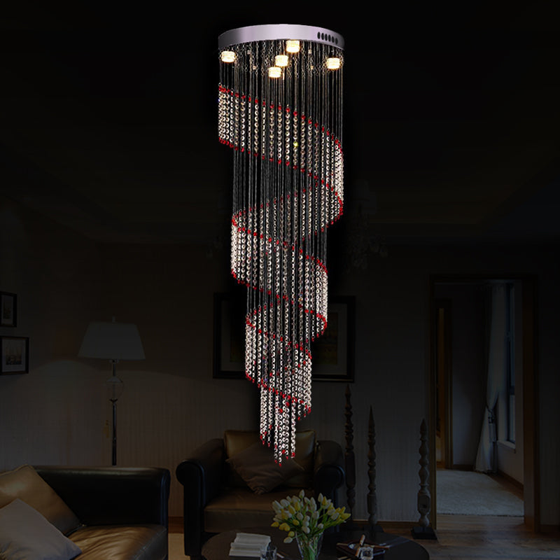 5 Bulbs Spiral Cascades Hanging Lamp Modernism Silver Clear and Red Crystal LED Multi Light Pendant